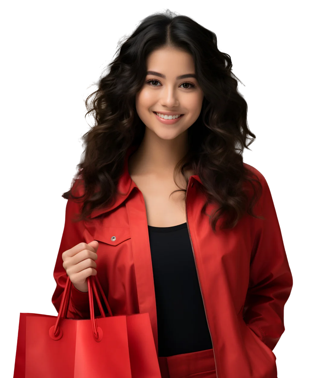 Smiling woman in a red outfit holding shopping bags.