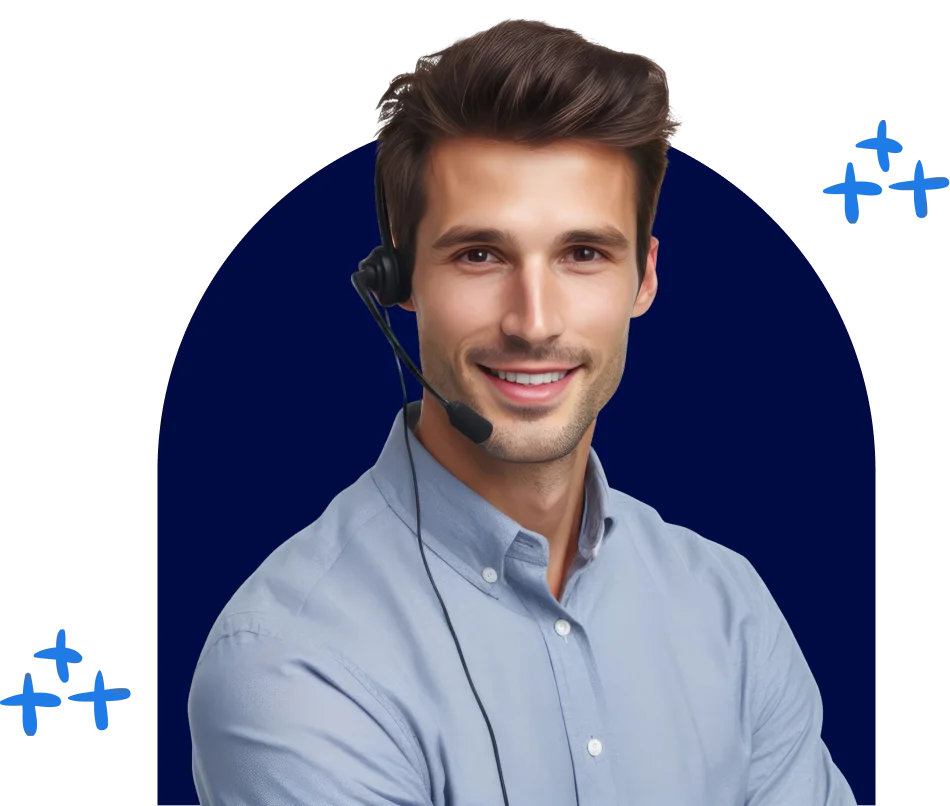 Smiling male customer service representative with a headset.