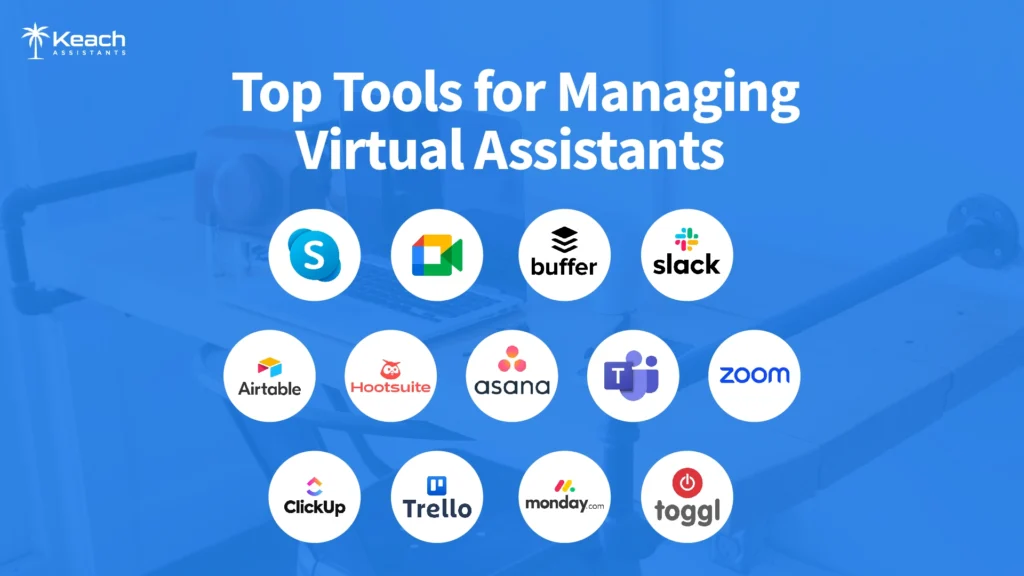 An Image text "Icons of top tools for managing virtual assistants, including Skype, Google Meet, Buffer, Slack, Airtable, Hootsuite, Asana, Microsoft Teams, Zoom, ClickUp, Trello, Monday.com, and Toggl, displayed against a blue background with the text 'Top Tools for Managing Virtual Assistants'. With Keach Assistants Logo." 