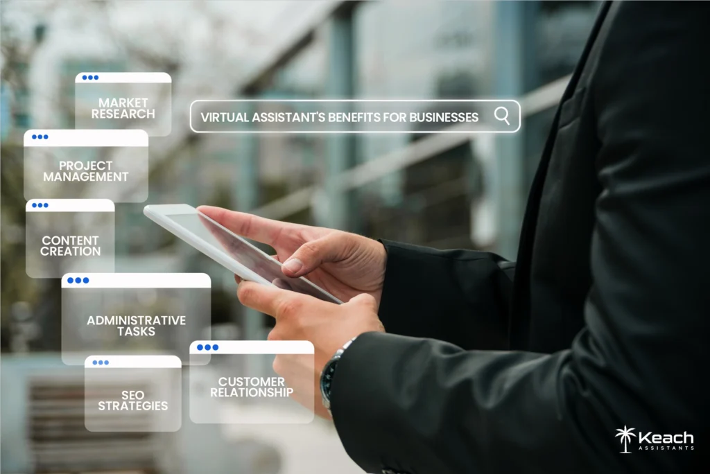 An Anchor text Person using tablet with overlay text highlighting virtual assistant services like market research, project management, and SEO strategies."