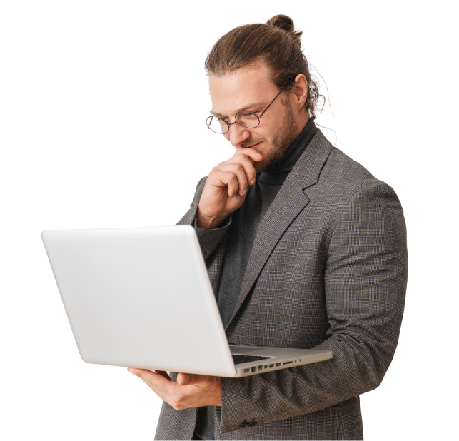 Thoughtful businessman analyzing data on a laptop while contemplating decisions.